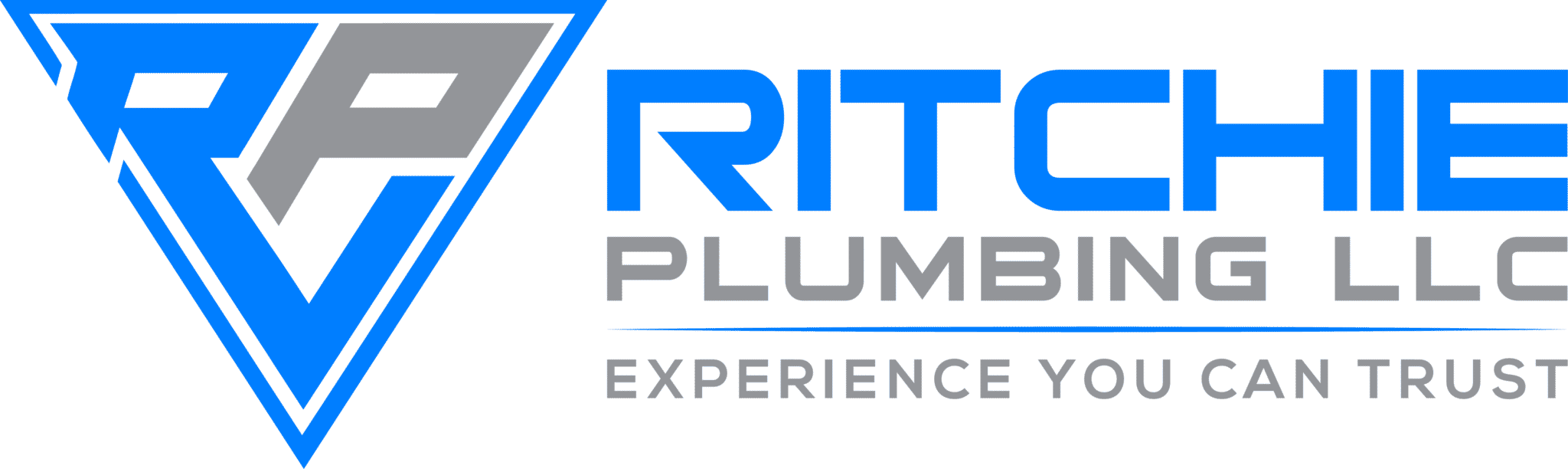 A stylized, triangular logo with an angular 'R' and 'P' nestled inside. Ritchie Plumbing LLC - Experience you can trust.